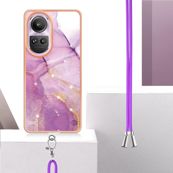 For OPPO Reno10 Pro 5G Global Electroplating Marble Dual-side IMD Phone Case with Lanyard(Purple 001)