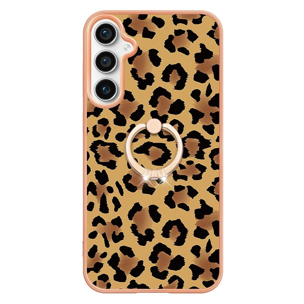 For Samsung Galaxy S23 FE 5G Electroplating Dual-side IMD Phone Case with Ring Holder(Leopard Print)