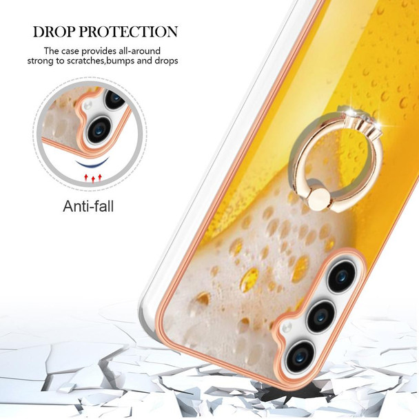 For Samsung Galaxy S23 FE 5G Electroplating Dual-side IMD Phone Case with Ring Holder(Draft Beer)
