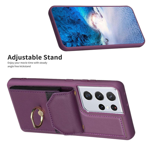 For Samsung Galaxy S21 Ultra 5G BF29 Organ Card Bag Ring Holder Phone Case(Dark Purple)