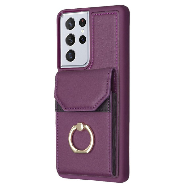 For Samsung Galaxy S21 Ultra 5G BF29 Organ Card Bag Ring Holder Phone Case(Dark Purple)