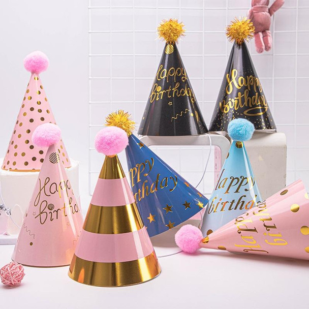 10 PCS Hairy Ball Birthday Paper Hat Crown Birthday Cake Hat Party Decoration(Golden Ball Black Big Happy Dots)