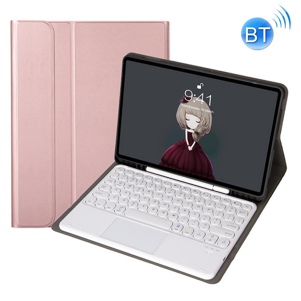 YA102B-A Detachable Lambskin Texture Round Keycap Bluetooth Keyboard Leather Tablet Case with Touch Control & Pen Slot & Stand - iPad 10.2 (2020) & (2019) / Air 3 10.5 inch / Pro 10.5 inch(Rose Gold)