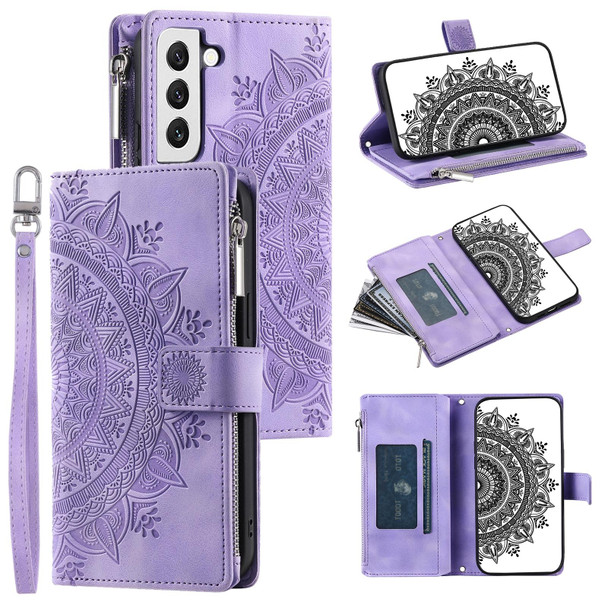 For Samsung Galaxy S22 5G Multi-Card Totem Zipper Leatherette Phone Case(Purple)