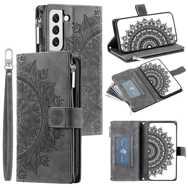 For Samsung Galaxy S22 5G Multi-Card Totem Zipper Leatherette Phone Case(Grey)