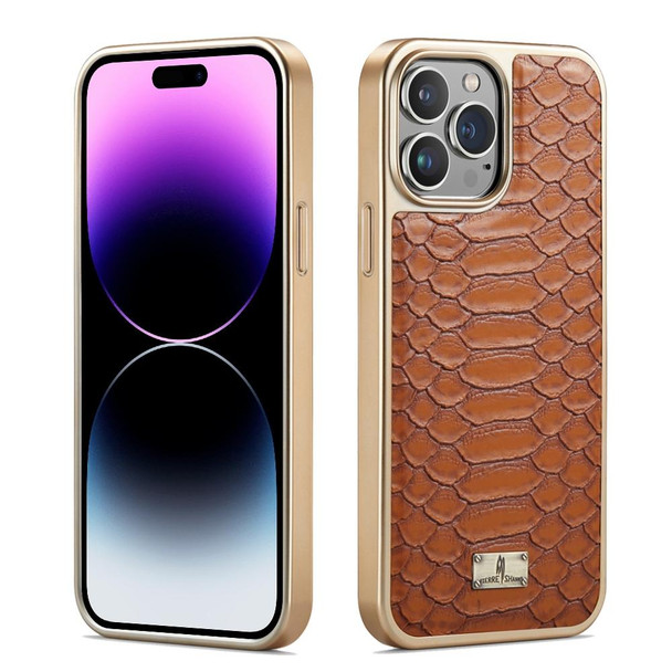 For iPhone 14 Pro Max Fierre Shann Python Texture Electroplating PU Phone Case(Brown)