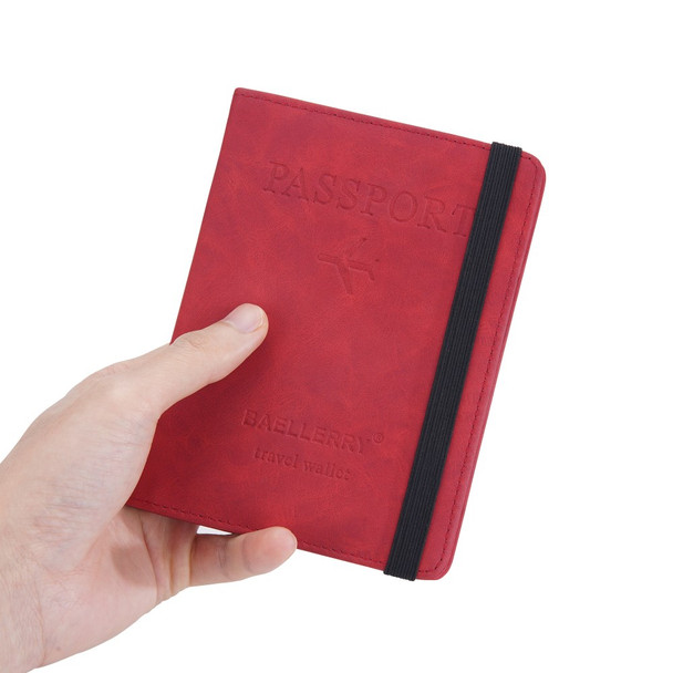 BAELLERRY N2379 Elastic Band PU Leather Passport Cover RFID Blocking Cards Passport Holder Travel Wallet - Red