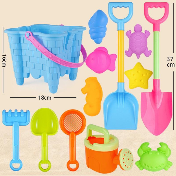 13pcs/Set Children Beach Toys Set Large Sand Shovel Bucket Sand Digging Tools Hourglass, Color: Blue Square Castle