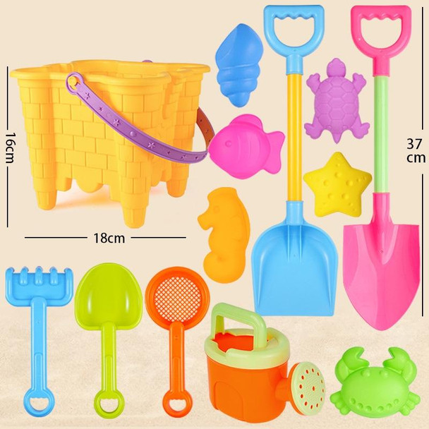 13pcs/Set Children Beach Toys Set Large Sand Shovel Bucket Sand Digging Tools Hourglass, Color: Yellow Square Castle