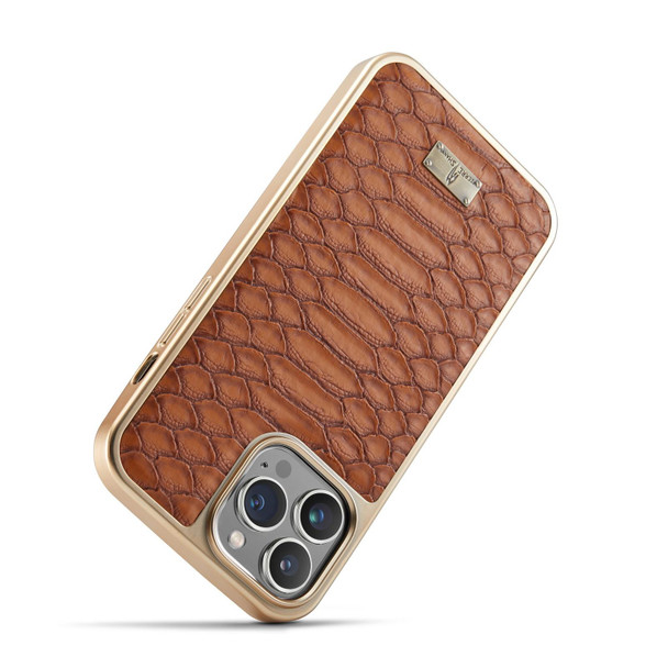 For iPhone 14 Pro Fierre Shann Python Texture Electroplating PU Phone Case(Brown)