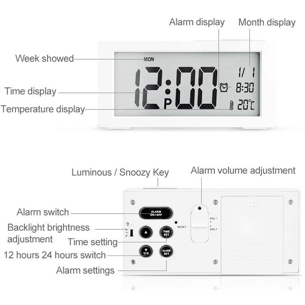 Automatic Night Light Electronic Clock Large Screen Adjustable Backlight Alarm Clock (White)