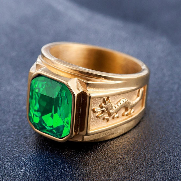 Retro Square Gemstone Carved Dragon Totem Signet Titanium Steel Ring for Men, US Size: 12, Diameter: 21.5mm, Perimeter: 67.5mm(Green)