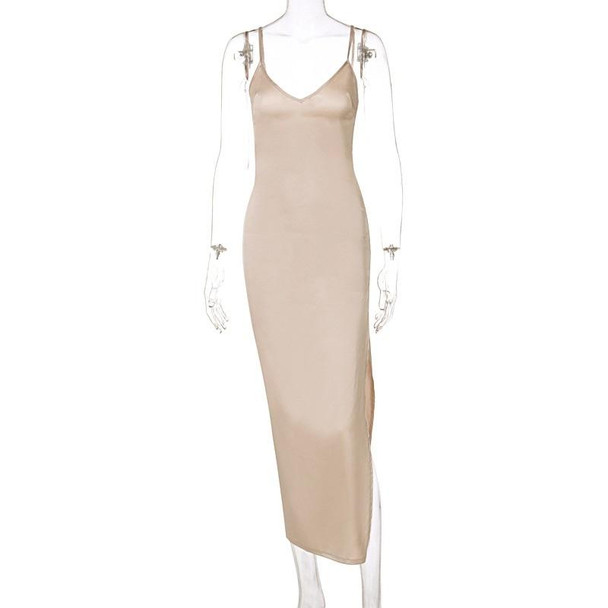 Ladies Sexy Open Back V-neck Split Dress (Color:Champagne Gold Size:S)