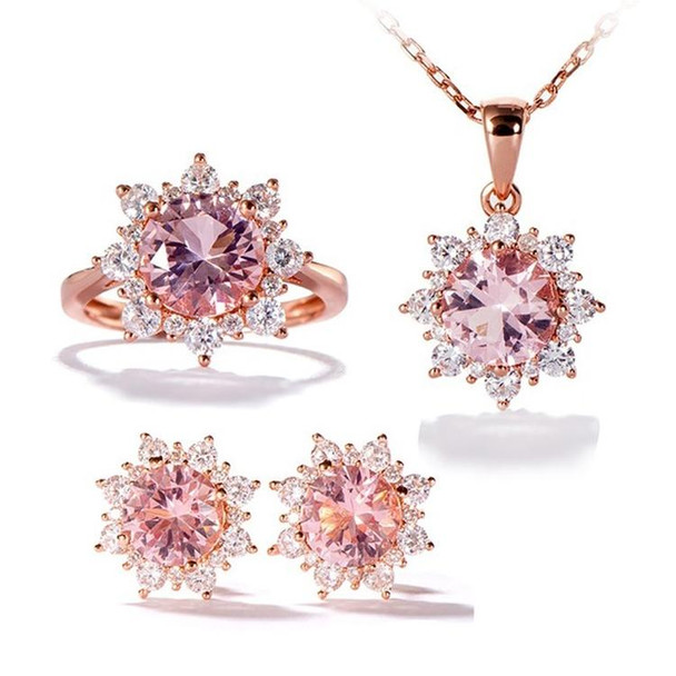 3 PCS/Set Snow Shape Gemstone Jewelry Set For Women, Ring Size:8(Pink)