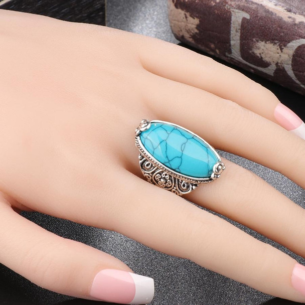Fashion Vintage Oval Turquoise Flower Ring Women Antique Silver Jewelry, Ring Size:7(Black)