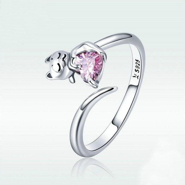 S925 Sterling Silver Cute Cat Diamond Ring