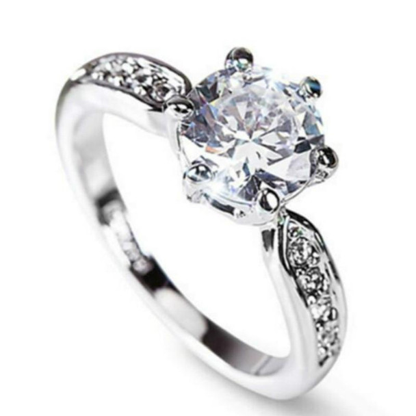 Female Classic Crystal Six-Claw Diamond Ring Wedding Ring, Ring Size:7(White Gold)