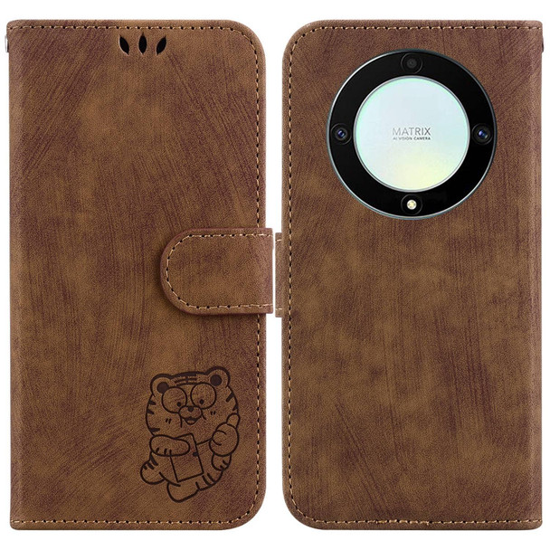 For Honor X9a Little Tiger Embossed Leatherette Phone Case(Brown)