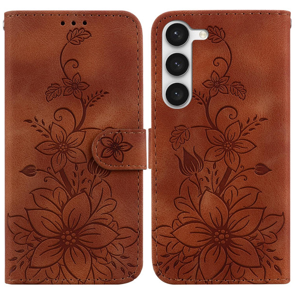 For Samsung Galaxy S23+ 5G Lily Embossed Leatherette Phone Case(Brown)