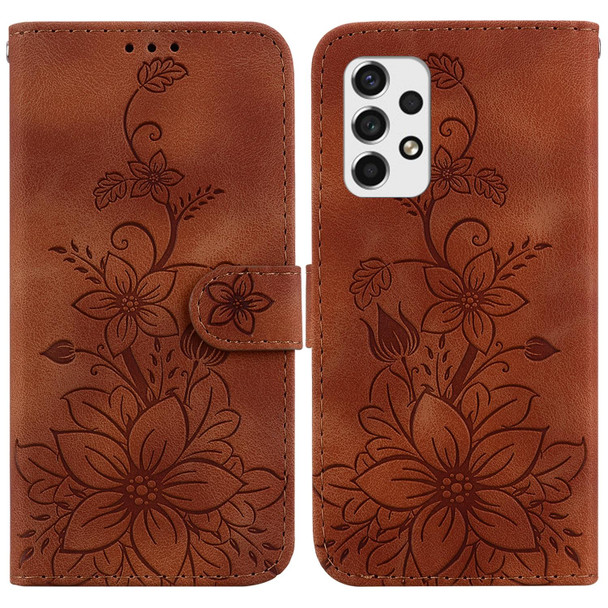 For Samsung Galaxy A73 5G Lily Embossed Leatherette Phone Case(Brown)