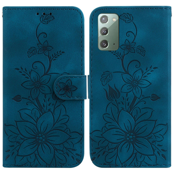 For Samsung Galaxy Note20 Lily Embossed Leatherette Phone Case(Dark Blue)