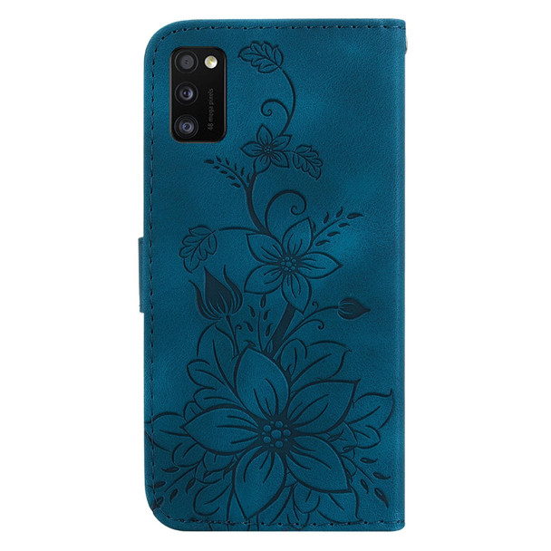 For Samsung Galaxy A41 Lily Embossed Leatherette Phone Case(Dark Blue)