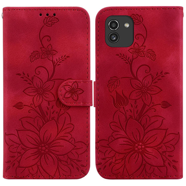 For Samsung Galaxy A03 166mm Lily Embossed Leatherette Phone Case(Red)