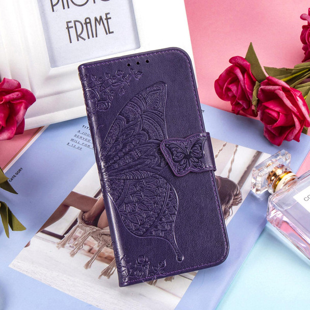 Google Pixel 6 Butterfly Love Flowers Embossed Horizontal Flip Leather Case with Holder & Card Slots & Wallet & Lanyard(Dark Purple)