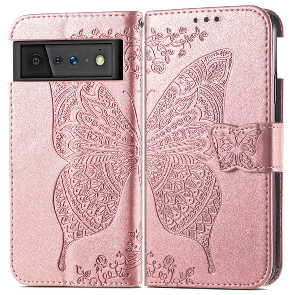 Google Pixel 6 Butterfly Love Flowers Embossed Horizontal Flip Leather Case with Holder & Card Slots & Wallet & Lanyard(Rose Gold)