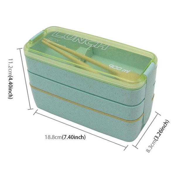 900ml 3 Layers Bento Box Lunch Box Food Container Wheat Straw Material Microwavable Dinnerware Lunchbox(Green)