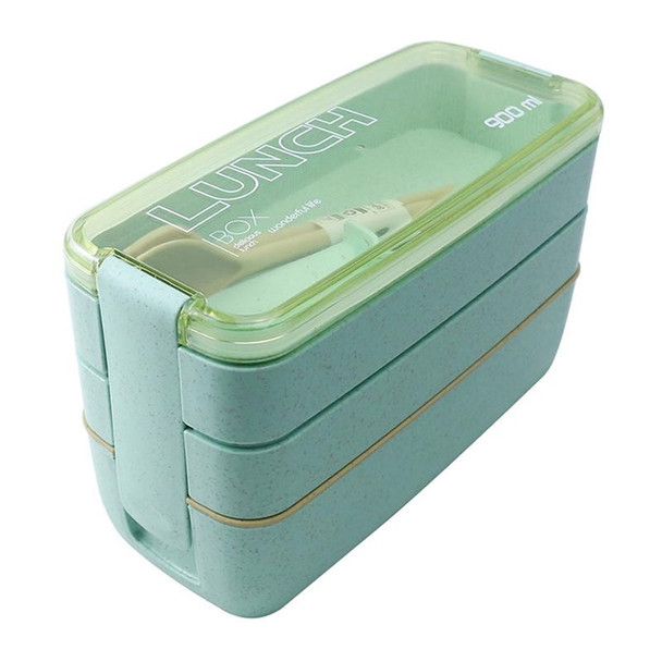 900ml 3 Layers Bento Box Lunch Box Food Container Wheat Straw Material Microwavable Dinnerware Lunchbox(Green)