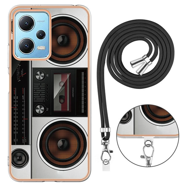 For Xiaomi Redmi Note 12 5G Global Electroplating Dual-side IMD Phone Case with Lanyard(Retro Radio)