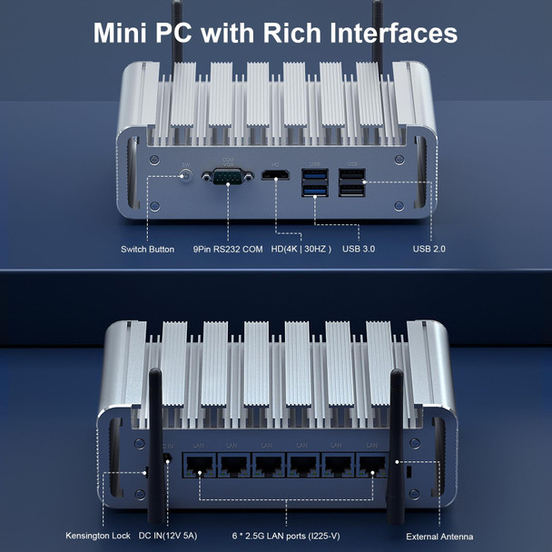 HYSTOU PO9B-J4125-6L Embedded Intel Celeron J4125 Processor Six Network Ports Mini Host, Specification:8GB+256GB+1TB