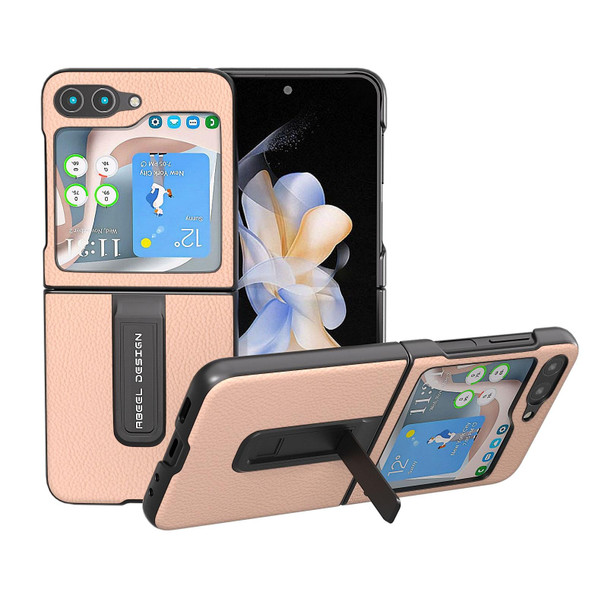 For Samsung Galaxy Z Flip5 ABEEL Genuine Leatherette + PC Litchi Texture Phone Case with Holder(Pink Gold)