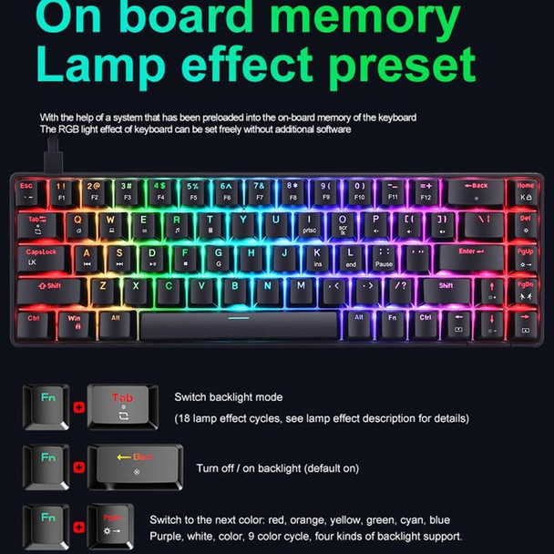 T8 68 Keys Mechanical Gaming Keyboard RGB Backlit Wired Keyboard, Cable Length:1.6m(Black Tea Shaft)