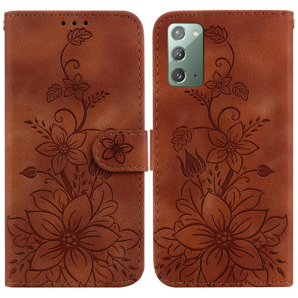 For Samsung Galaxy Note20 Lily Embossed Leatherette Phone Case(Brown)