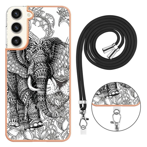 For Samsung Galaxy S22+ 5G Electroplating Dual-side IMD Phone Case with Lanyard(Totem Elephant)