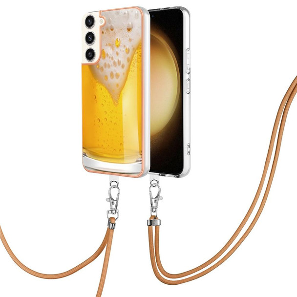 For Samsung Galaxy S22+ 5G Electroplating Dual-side IMD Phone Case with Lanyard(Draft Beer)