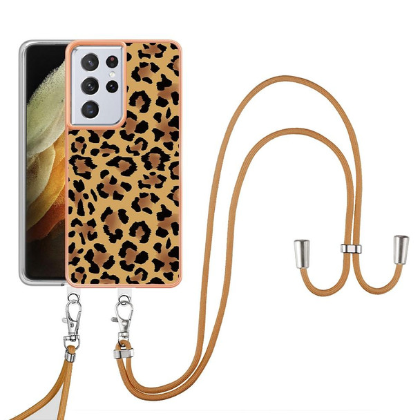 For Samsung Galaxy S21 Ultra 5G Electroplating Dual-side IMD Phone Case with Lanyard(Leopard Print)