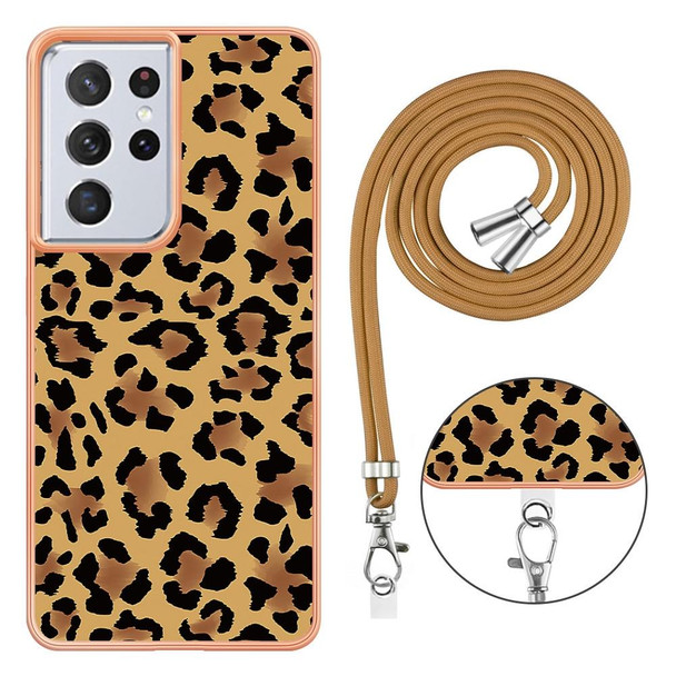 For Samsung Galaxy S21 Ultra 5G Electroplating Dual-side IMD Phone Case with Lanyard(Leopard Print)