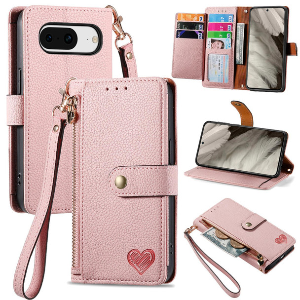 For Google Pixel 7A Love Zipper Lanyard Leatherette Phone Case(Pink)