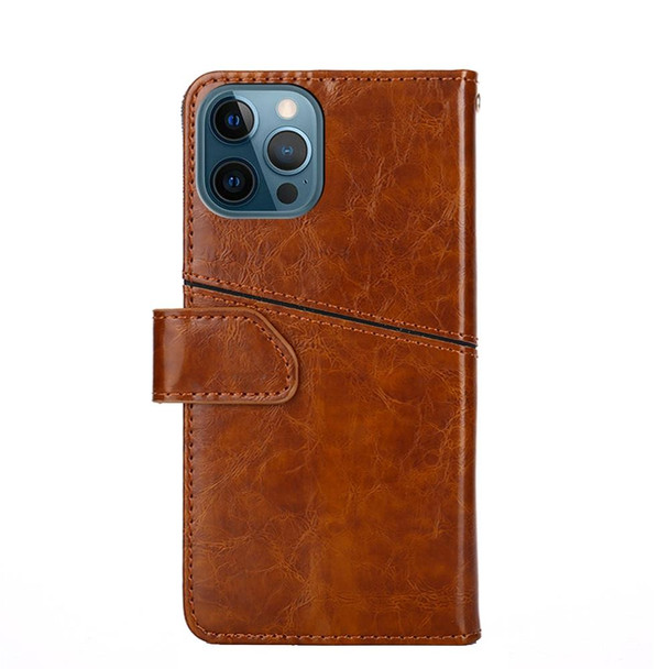 For iPhone 12 Pro Max Geometric Stitching Horizontal Flip TPU + PU Leatherette Case with Holder & Card Slots & Wallet(Light Brown)
