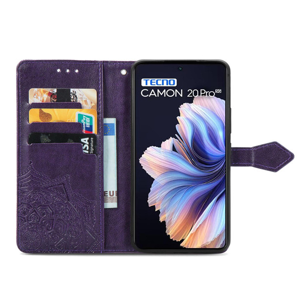 For Tecno Camon 20 Pro 5G Mandala Flower Embossed Leatherette Phone Case(Purple)