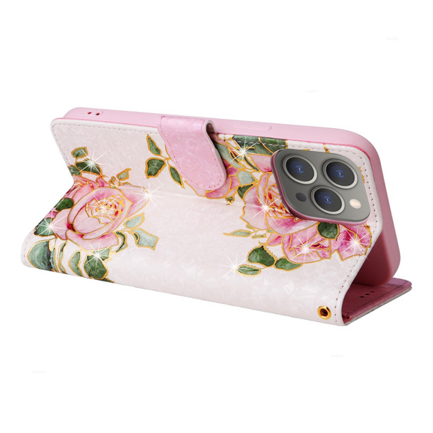 For iPhone 15 Pro Bronzing Painting RFID Leatherette Case(Rose Flower)