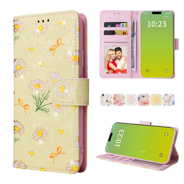 For iPhone 15 Plus Bronzing Painting RFID Leatherette Case(Yellow Daisy)