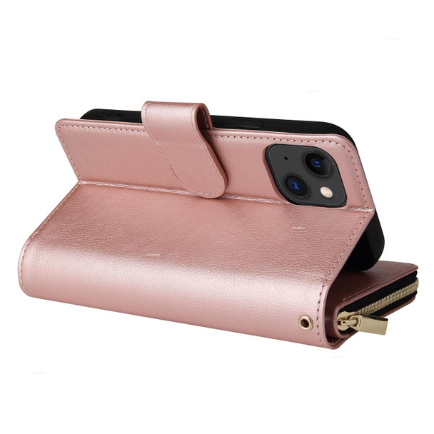 For iPhone 15 9 Card Slots Zipper Wallet Bag Leatherette Phone Case(Rose Gold)