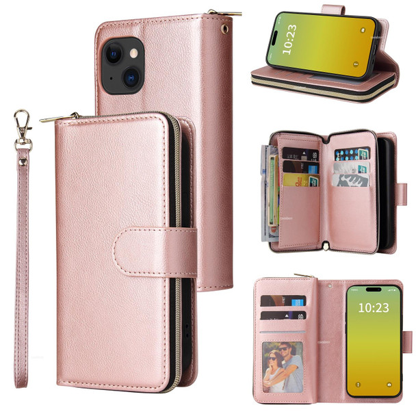 For iPhone 15 Plus 9 Card Slots Zipper Wallet Bag Leatherette Phone Case(Rose Gold)