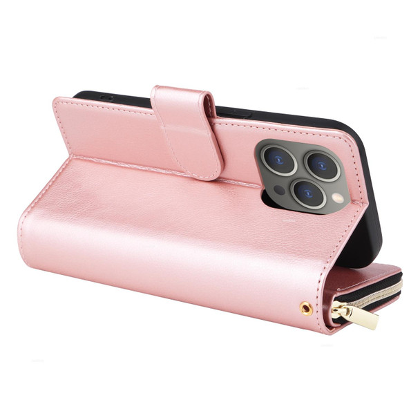 For iPhone 15 Pro 9 Card Slots Zipper Wallet Bag Leatherette Phone Case(Rose Gold)