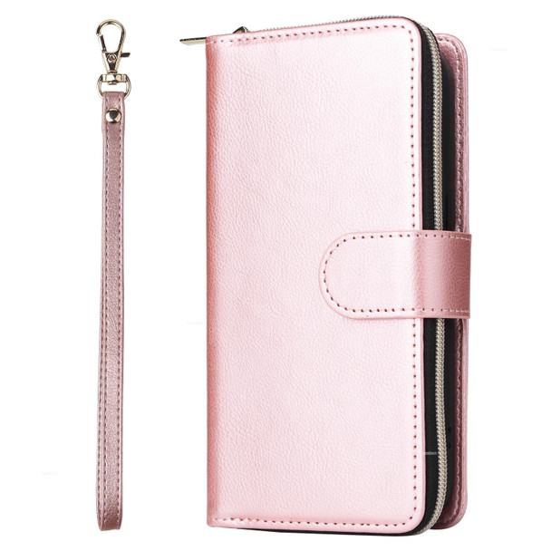 For iPhone 15 Pro Max 9 Card Slots Zipper Wallet Bag Leatherette Phone Case(Rose Gold)