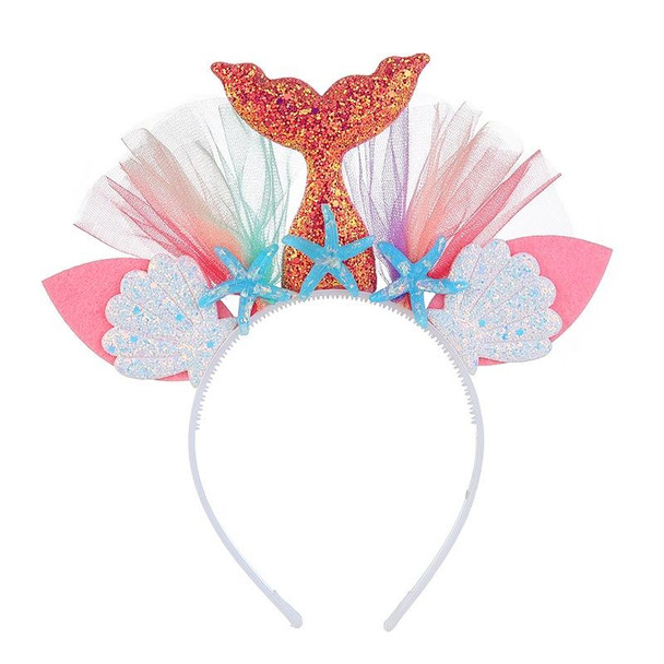 2 PCS Rainbow Mermaid Headband Children Party Hair Accessories Net Gauze Flower Animal Hair Accessories(Pink)